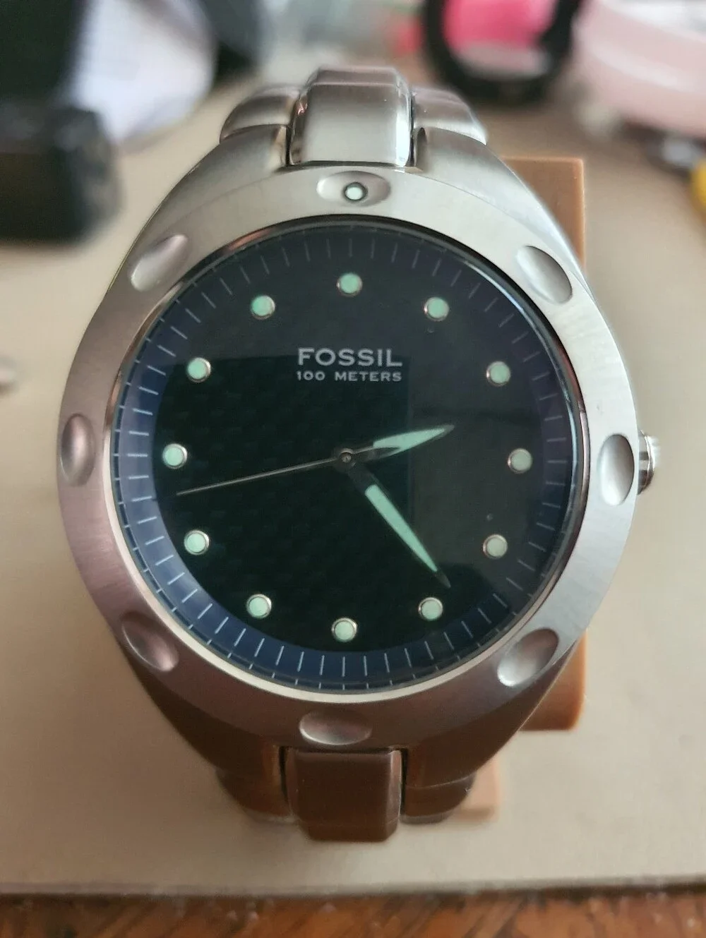 Vtg Fossil PR-5098 Silver/Blue Stainless Steel Men's Watch